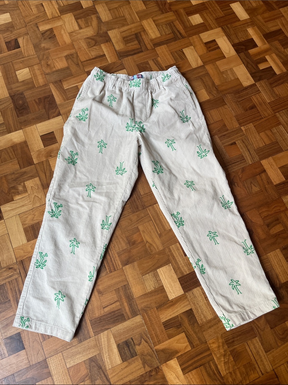 Cream Corduroy Urban Outfitters Pants with Green Palm Embroidery